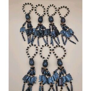 Vtg Pier 1 Imports Hand Carved Wood Beaded Elephant Napkin Rings Set of 7